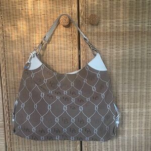 Vintage Dooney & Bourke Monogram DB canvas shoulder bag with white leather trim